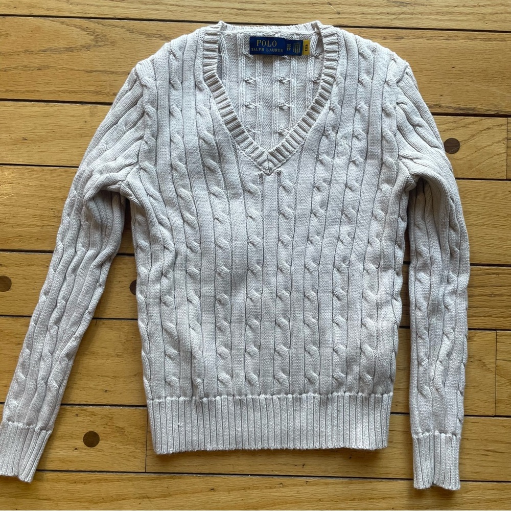 Polo by Ralph Lauren Women's Gray Cable Knit V-Neck Sweater